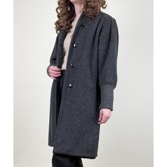 Vintage 80s Parisian Wool Peacoat Jacket Puff Sleeve Long Cuffs French Pea Coat - Picture 2 of 10